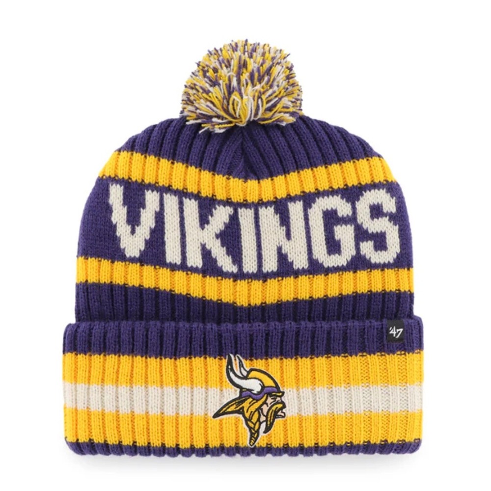 Minnesota Vikings Bering 47 Brand Cuff Knit Beanie Hat Purple Gold Pom NFL NEW